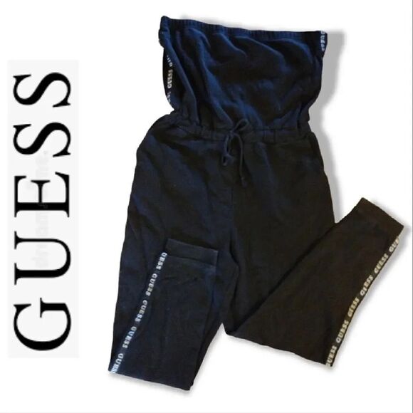 Guess Y2K Black Strapless White Side Logo Tape Fleece Jumpsuit Large - Picture 2 of 12